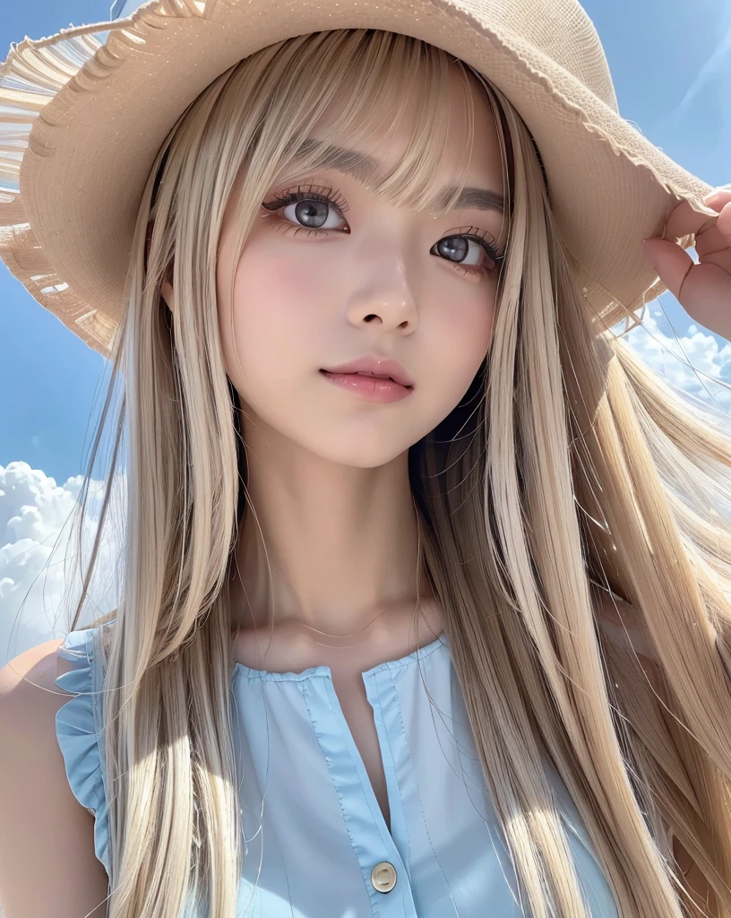 (Highest quality, 32k, High resolution, Masterpiece:1.5, ), marimo_jet, god々A photograph with brilliant dazzling and healing power., Evoking a sense of calm and elusive beauty, Expressing emotions, Have a rich imagination,Beautiful Japanese Girls, An exceptionally beautiful face, ((Shooting from below:1.2)), Small Face Beauty, Perfect Human Anatomy, Magical big eyes, Motherhood and generosity, Deep Love, A fleeting smile, ((Shiny ash beige hair:1.4)), Super Long Straight Silk Hair, Asymmetrical bangs, Hair between the eyes, Transparent, soft white skin, Sharp eyebrows, Thin lashes, Natural Makeup, Cheek highlighter, Pale pink detailed lips, ((Light blue inner camisole:1.3)), High resolutionの完璧な鎖骨, High resolutionの美しい胸元, Slim figure with ample breasts, High resolutionの美しい太もも, ((Detailed blue sky and clouds in summer:1.2)), ((Beautiful Hibiscus:1.3)), Professional Lighting, Professional photographer, Professional models, god秘的