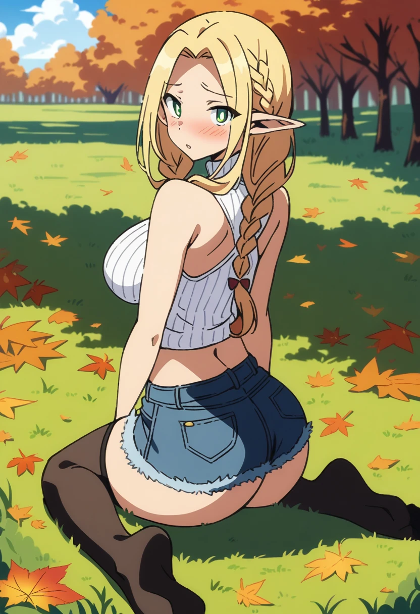 anime art style, masterpiece, best quality, very aesthetic, absurdres, dynamic shadows, atmosferic, marcille donato, ((1girl)), blonde hair, long hair, braid, twin braids, long braids, parted bangs, green eyes, pointy ears, curvy body, large breasts, sexy, cleavage, white sneakers, turtleneck sweater, striped sweater, white sweater, cutout on cleavage, micro shorts, denim shorts, black thighhighs, bare arms, borrowed, embarrased, intense blush, ((feet out of frame)), (from back), (wariza), (grass), (afternoon), (autumn), (trees), (clouds), (looking at viewer:1.0)