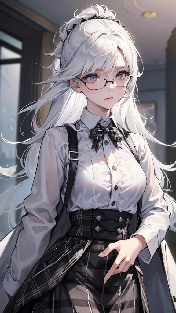 Photograph of the upper body of a beautiful woman, , [see through](white shirt:1.47),(Black plaid long skirt:1.47),(wearing a black coat:1.47) (big breasts), (small waist, perfect body), Sharp focus, (tall body, mature woman), ((Looking ahead)), (Highly detailed skin, hair follicles:1.4,white skin) (Long white hair tied half-way down.,purple eyes) wear glasses, (Looks embarrassed.)