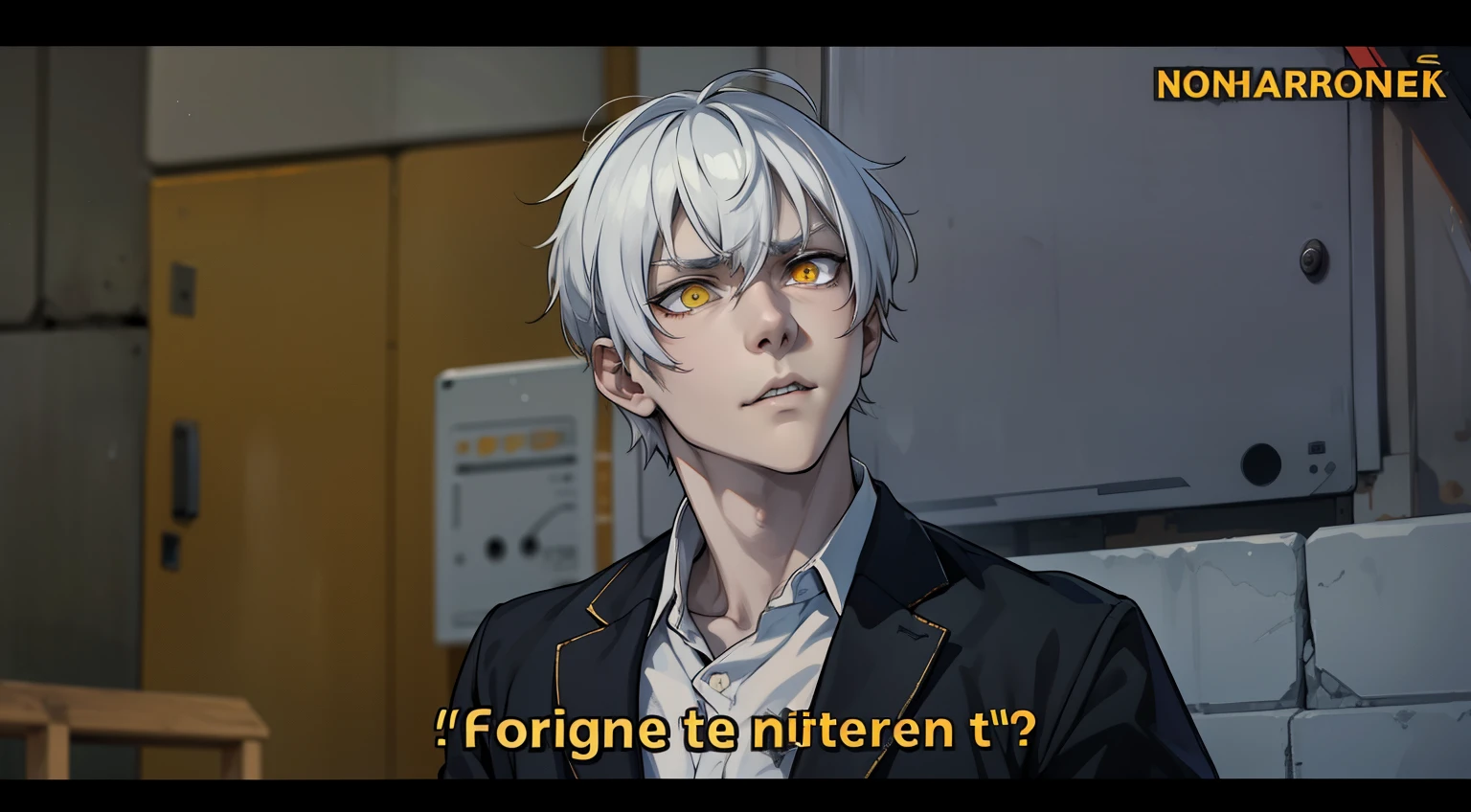 white hair yellow eyes cold look evil serious he is bullying there is a young man he is talking to he is insulting mistreating someone