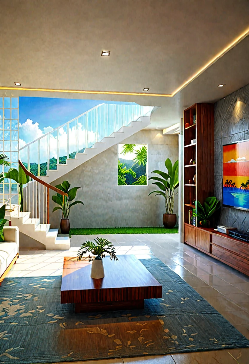 interior of house, modern style, nice tropical landscape, morning, sky, few cloud, realistic, high quality, masterpiece