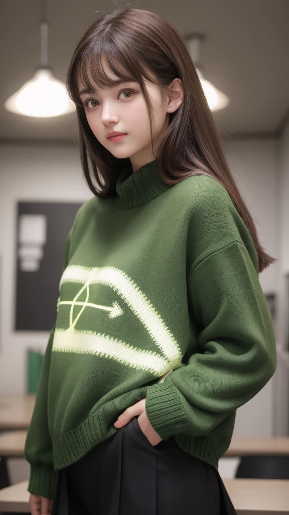 1 girl, Sternenauz, flow, perfect lighting, brown haired, bangs swept to the side、green eyes, oversized school sweater , Seitenbereuchtung, highly detailed face, 4k, pony, glowing skin, office, dynamic pose、(naughty smile:0.4)
