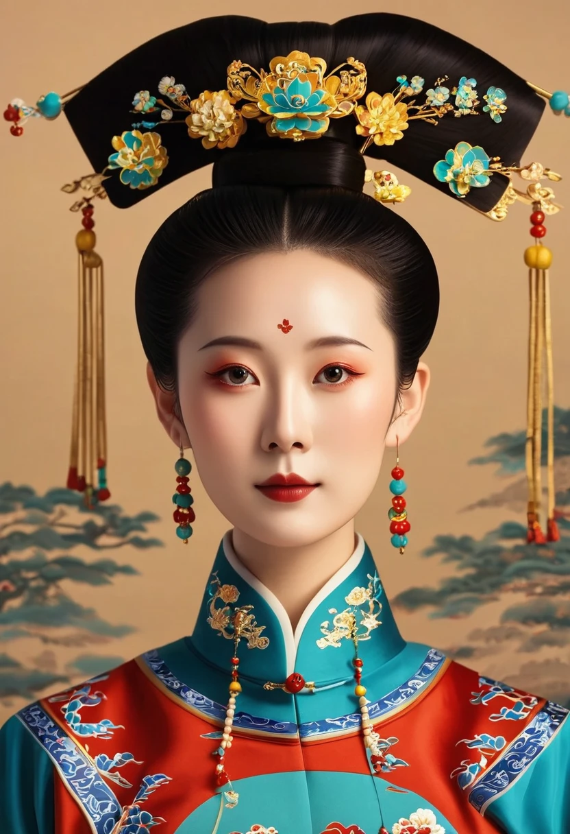 Beautiful girl portrait，symmetry，Round Face，Bright Eyes，Smooth skin，Chinese Qing Dynasty national flag clothing,egotistical,High bun，palace，Clean background