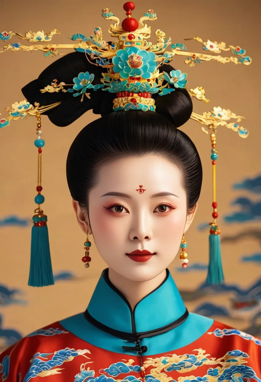 Beautiful girl portrait,symmetry,Round Face,Bright Eyes,Smooth skin,Chinese Qing Dynasty national flag clothing,egotistical,High bun,palace,Clean background