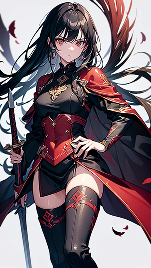 (((masterpiece))),(((best quality))),(((extremely detailed))),illustration,4k, 15-year-old male teenager, black hair, bright scarlet eyes, hateful gaze, serious face, dark aura, sword embedded in the ground, black blade with red details, white background, looking at the viewer.




