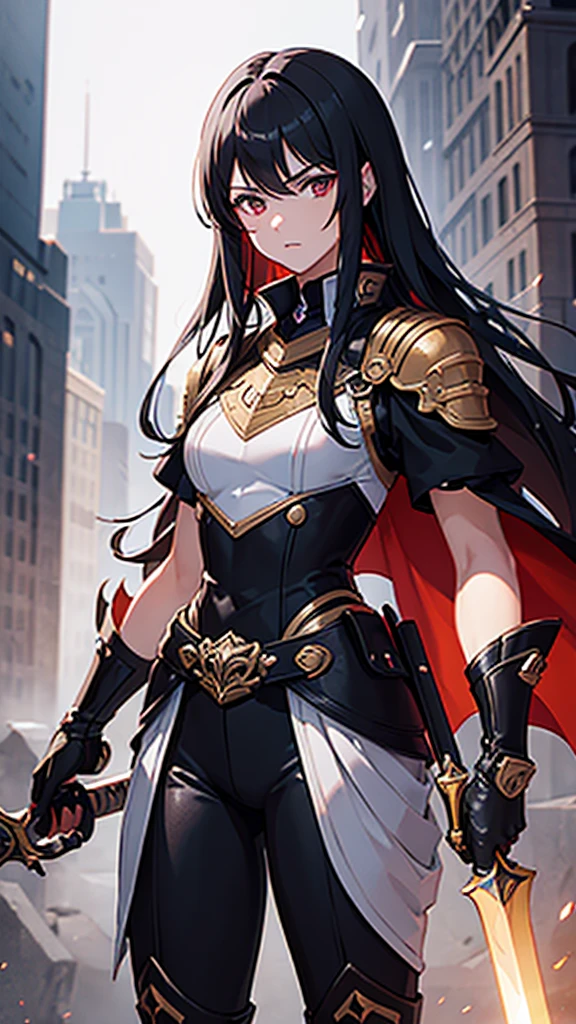 (((masterpiece))),(((best quality))),(((extremely detailed))),illustration,4k, -yeld mateenager, black hair, bright scarlet eyes, hateful gaze, serious face, dark aura, sword embedded in the ground, black blade with red details, white background, looking at the viewer.
