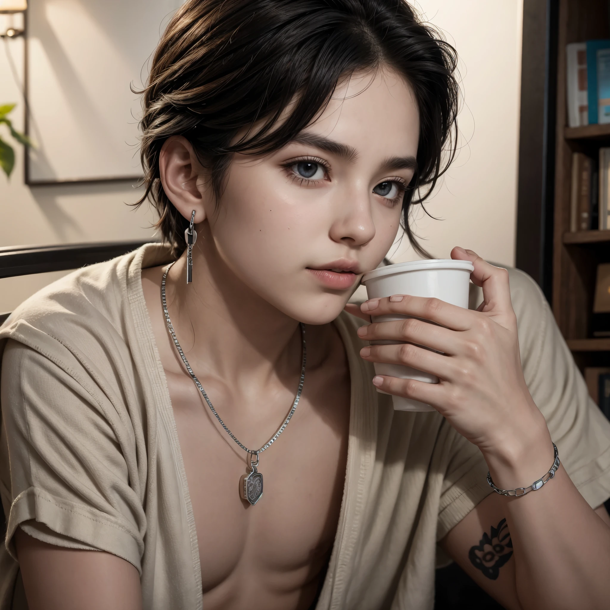 [[Latin American boy]] [[dark brown eyes]] [[cross earrings in both ears]] [[eyebrow piercing]] [[a tattoo of a flower on the right side of the neck]] [[reading a book holding a cup of coffee]] with a silver chain around her neck]] [[16k quality]], [[hdr+]]