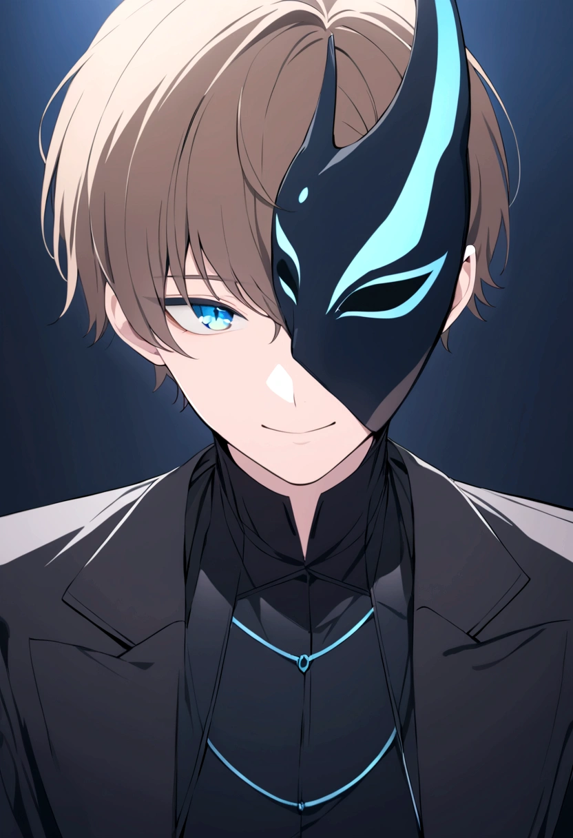 (man in half smile mask on the left side )(blue color)(blue eyes) brown hair)(blue horns)(Dressed in black)(Short haired)(alone)