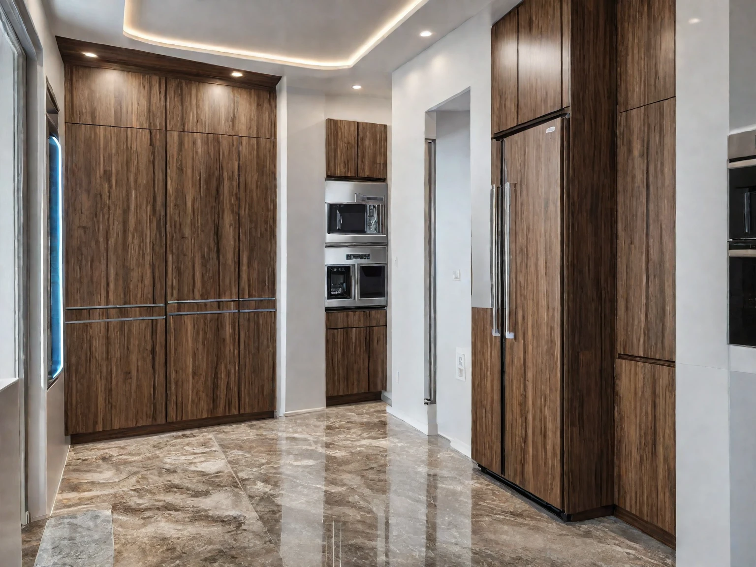 kitchen inteiror, modern style, wood cabinet, granite counter top, refrigerator led strip, realistic, high quality, masterpiece