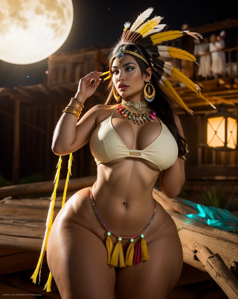 Beautiful Cherokee Indian woman with beautiful terracotta colored headdresses, blackw, doradas, cobre, Pearl, white and beige, feathers made of bright neon of various colors, flares on camera, bokeh, full moon night