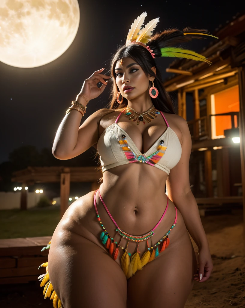 Beautiful Cherokee Indian woman with beautiful terracotta colored headdresses, blackw, doradas, cobre, Pearl, white and beige, feathers made of bright neon of various colors, flares on camera, bokeh, full moon night
