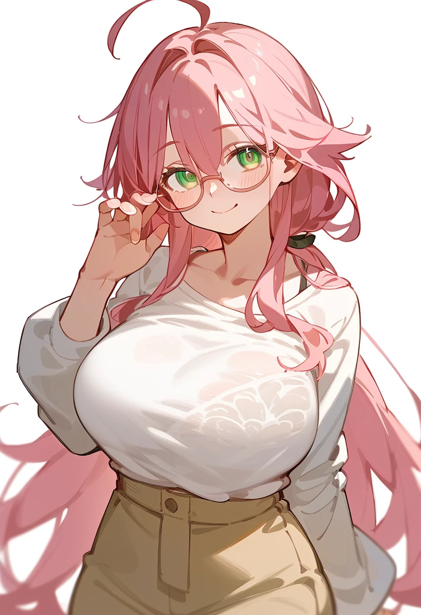 One Woman、Lori、Big Breasts、Pink Hair、Long Hair、Straight Hair、Ahoge、kind、Pink small glasses、Green Eyes、smile、Droopy eyes