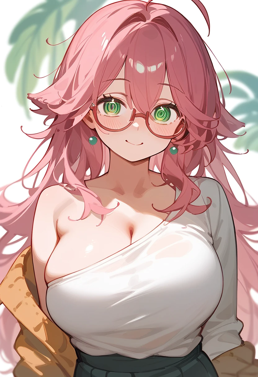 One Woman、Big Breasts、Pink Hair、Long Hair、Straight Hair、Ahoge、Kind older sister、Pink small glasses、Green Eyes、smile、Droopy eyes、Mature、one's home、Bedroom、sweater