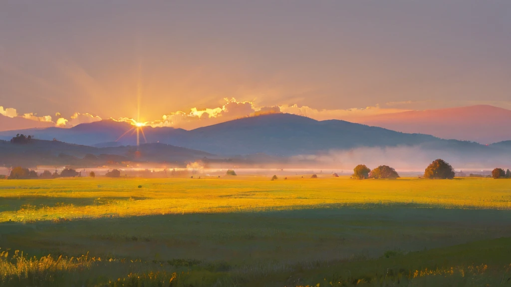 vast barren green meadow, morning fog, gray sky with coppery glow, dawn, ethereal atmosphere, masterpiece, award winner
