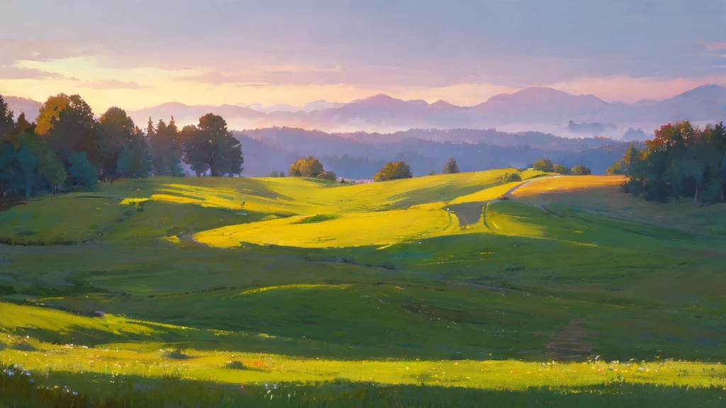 vast barren green meadow, morning fog, gray sky with coppery glow, dawn, ethereal atmosphere, masterpiece, award winner