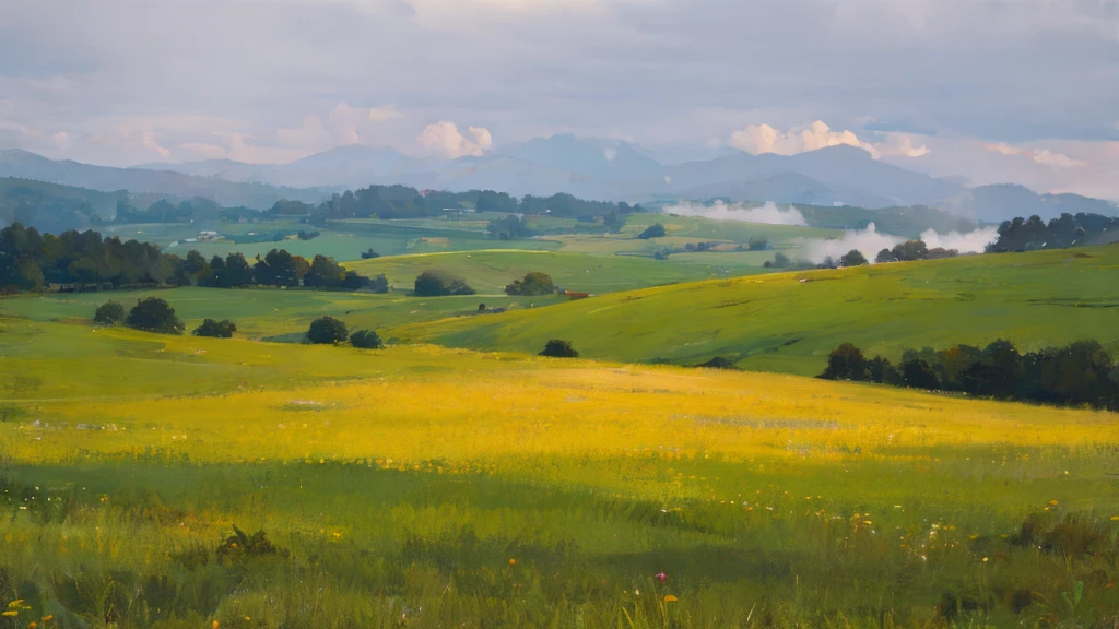 vast barren green meadow, morning fog, gray sky with coppery glow, dawn, ethereal atmosphere, masterpiece, award winner