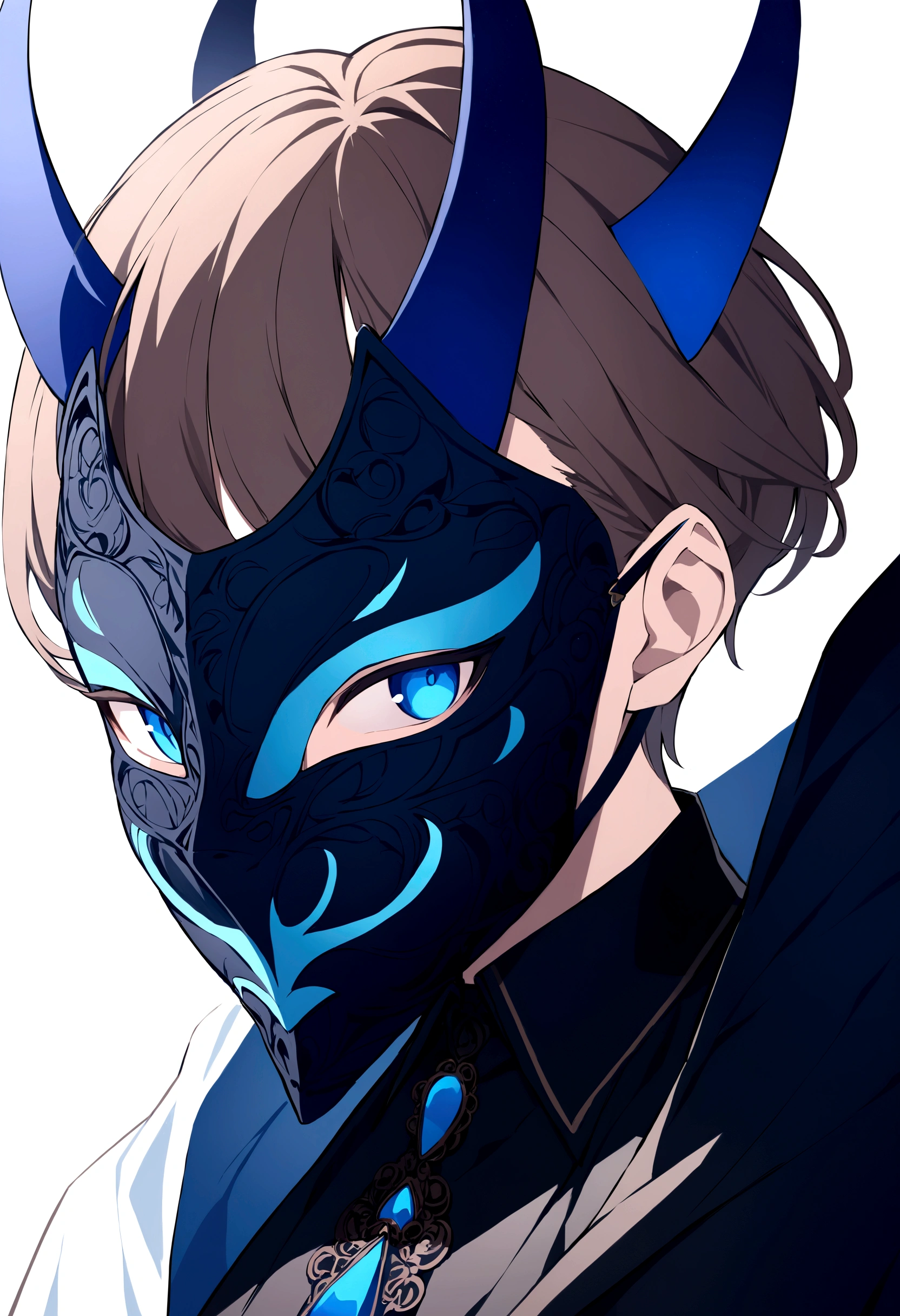 (man in half smile mask on the left side )(blue color)(blue eyes) brown hair)(blue horns)(Dressed in black)(Short haired)(alone)