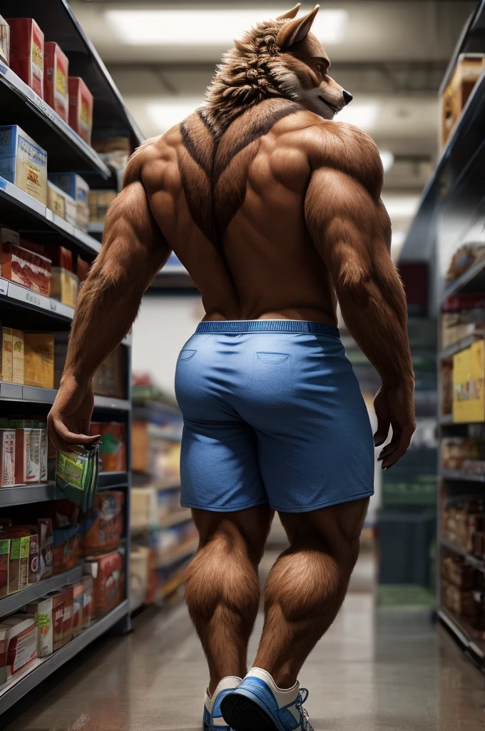 A werewolf has brown fur, he also wears blue shorts with red and white stripes and damaged athletic sneakers, at abandoned Supermarket rummaging through the meat aisle, anthro werewolf, male, adult, brown fur, buffed body, sexy, beefy body, furred body, furry chest hair, realistic, full body, photorealistic, ultra realistic, 8k, night, bare-chested, in back turned posing, sexy butt