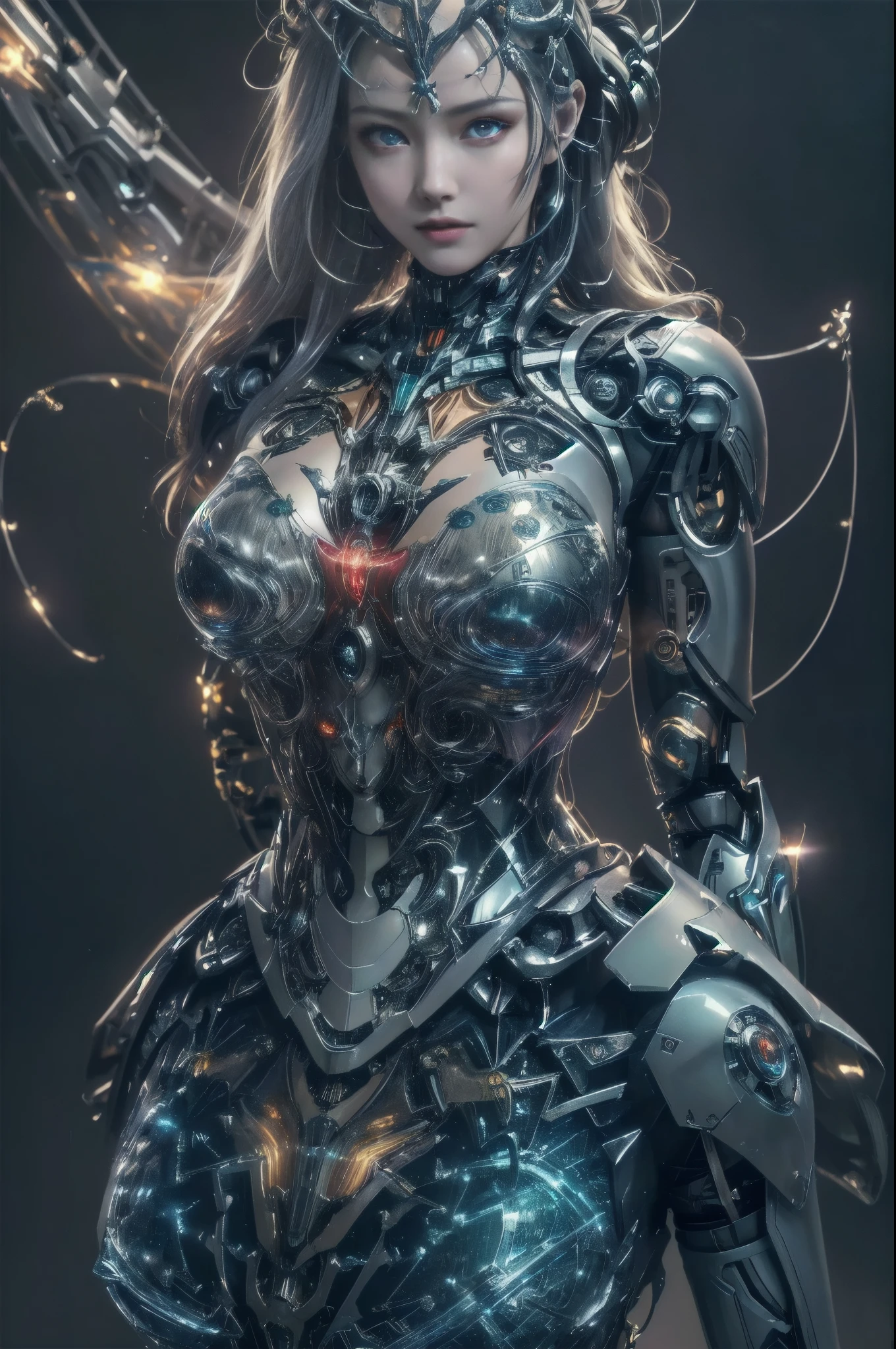 masterpiece,best quality,ultra-detailed,very detailed illustrations,extremely detailed,intricate details,highres,super complex details,extremely detailed 8k cg wallpaper,cowboy shot, caustics,reflection,ray tracing,demontheme,nebula,dark aura,cyber effect, (1girl:1.4),solo,alone,mecha musume,mechanical parts, robot joints,single mechanical arm, headgear, mechanical halo,star halo,intricate mechanical bodysuit, mecha corset, kimono, full armor, very long hair,white hair, hair between eyes, multicolored hair, colored inner hair, red eyes,glowing eye,eye trail, random expressions,random action, ancient japanese architecture,pond, starry sky,skyline,