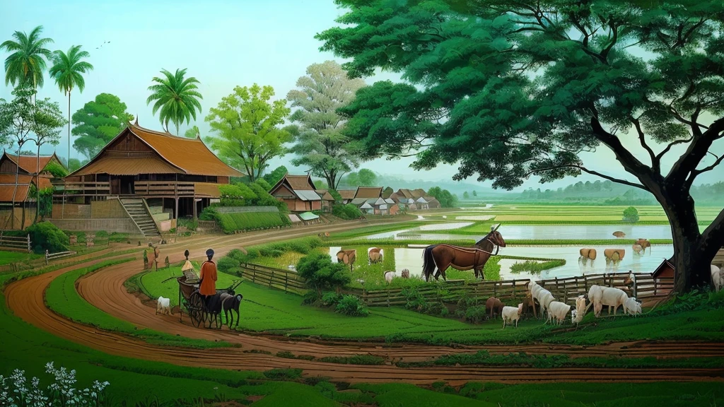 painting of a rural scene with people and animals in a field, a beautiful artwork illustration, thailand art, countryside city scene, traditional art, in the countryside, rural landscape, peaceful scene, old asian village, beautiful depiction, scenery artwork, in a village, beautiful oil matte painting, very beautiful photo, kerala village, villagers busy farming, countryside, beautiful illustration