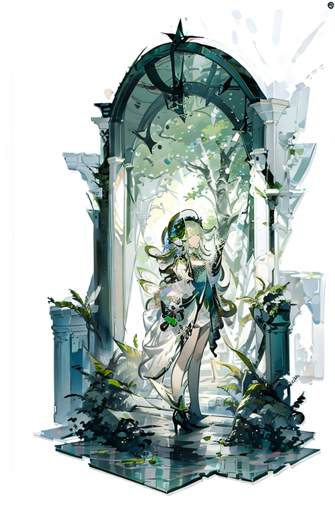 masterpiece,best quality, (white background:1.5) 1girl, far shot, full body, green circle, fairy, fantasy, magic, green leafs, dome,standing, clear face,
