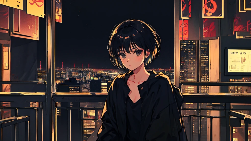 Black short Hair, Black Clothing, One Adult Woman Looking Sideways , City of night, Delicate background、Masterpiece、Night Town、night、dark、Nostalgic、City、musical instrument