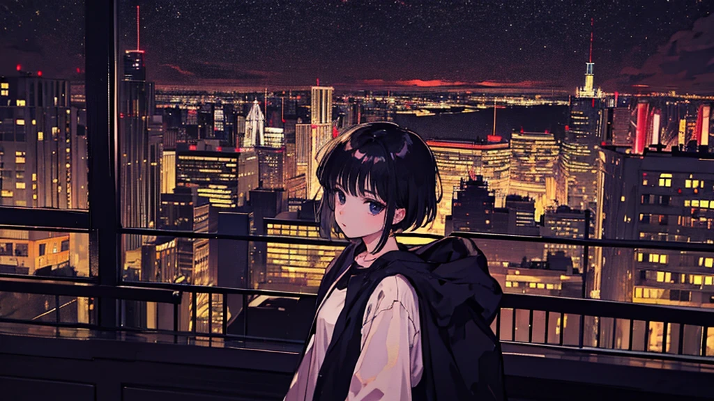 Black short Hair, Black Clothing, One Adult Woman Looking Sideways , City of night, Delicate background、Masterpiece、Night Town、night、dark、Nostalgic、City、musical instrument