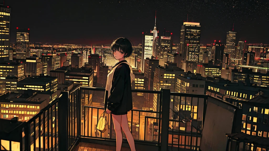 Black short Hair, Black Clothing, One Adult Woman Looking Sideways , City of night, Delicate background、Masterpiece、Night Town、night、dark、Nostalgic、City、musical instrument