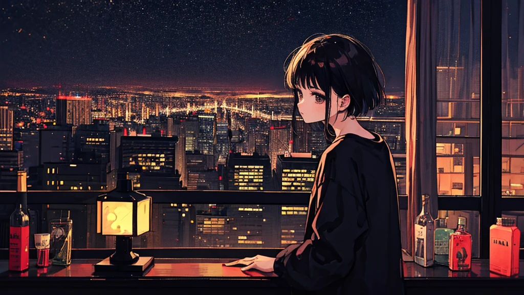 Black short Hair, Black Clothing, One Adult Woman Looking Sideways , City of night, Delicate background、Masterpiece、Night Town、night、dark、Nostalgic、City、musical instrument