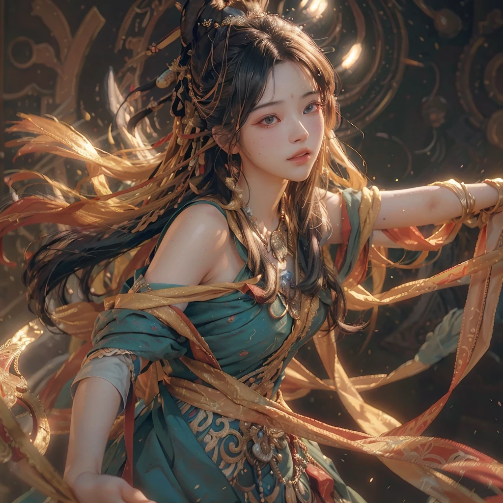 (RAW photo, best quality), (realistic, photo-realistic:1.3),best quality,highly detailed,masterpiece,ultra-detailed,illustration,1girl,upper_body,dynamic angle,world masterpiece theater,messy_long_hair,best quality,extremely detailed CG unity 8k wallpaper,ink,Amazing,cinematic lighting,lens_flare, dunhuang_style