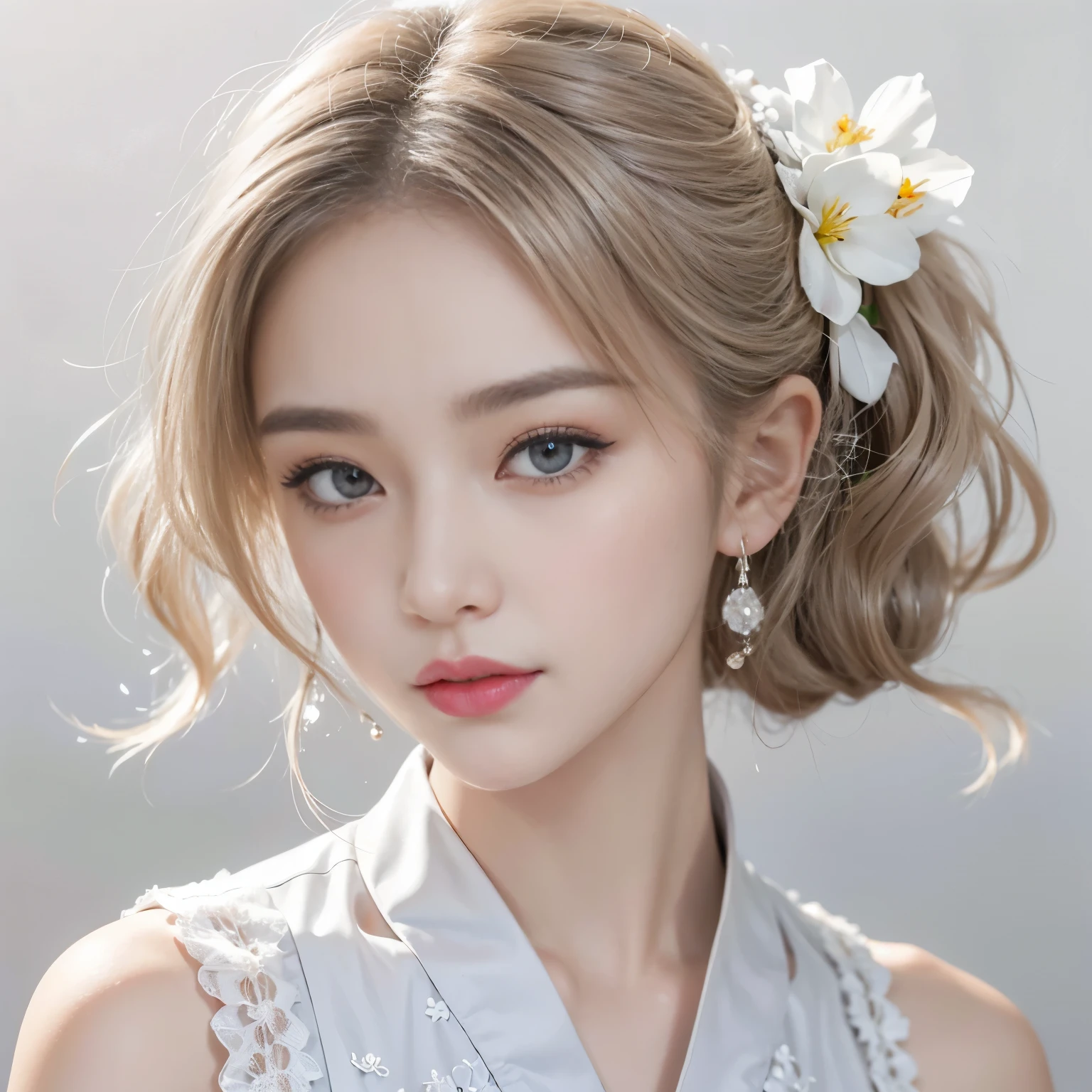 （8K）、（Best image quality:1.5）、gray background、face close up、１girl、masterpiece、Delicate and sharp eyes、brown eyes、power of eyes、delicate face、cup、fascinating face、platinum blonde hair、Half length wave、chinese cheongsam、white cheongsam、Chinese dress that exposes the collarbone、female、collarbone emphasis、earring、