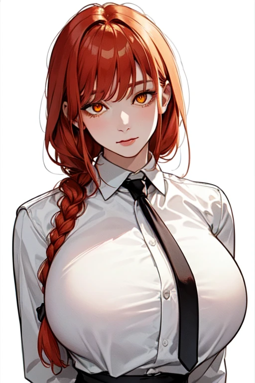 masterpiece, Highest quality, One girl, old age_superior, alone, View your viewers, hand, Redhead, Braided Ponytail, Yellow Eyes, The eyes are round, White shirt, tie, ((White Background:1.5, Simple Background:1.4)), Huge breasts、whole body