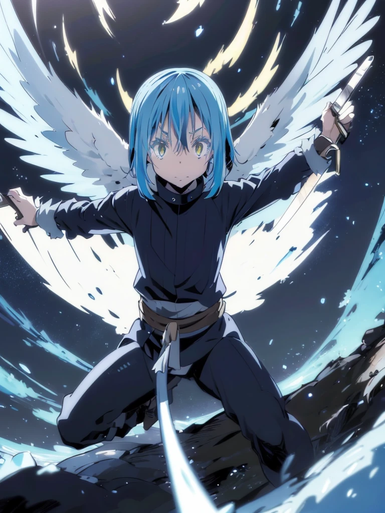 a demon winged Rimuru, exquisitely detailed, masterfully wielding a sword emerging from a portal, ultra-detailed, vibrant colors, chiaroscuro lighting, cinematic composition, dramatic atmosphere, dark fantasy, epic fantasy art, bien promorcinado