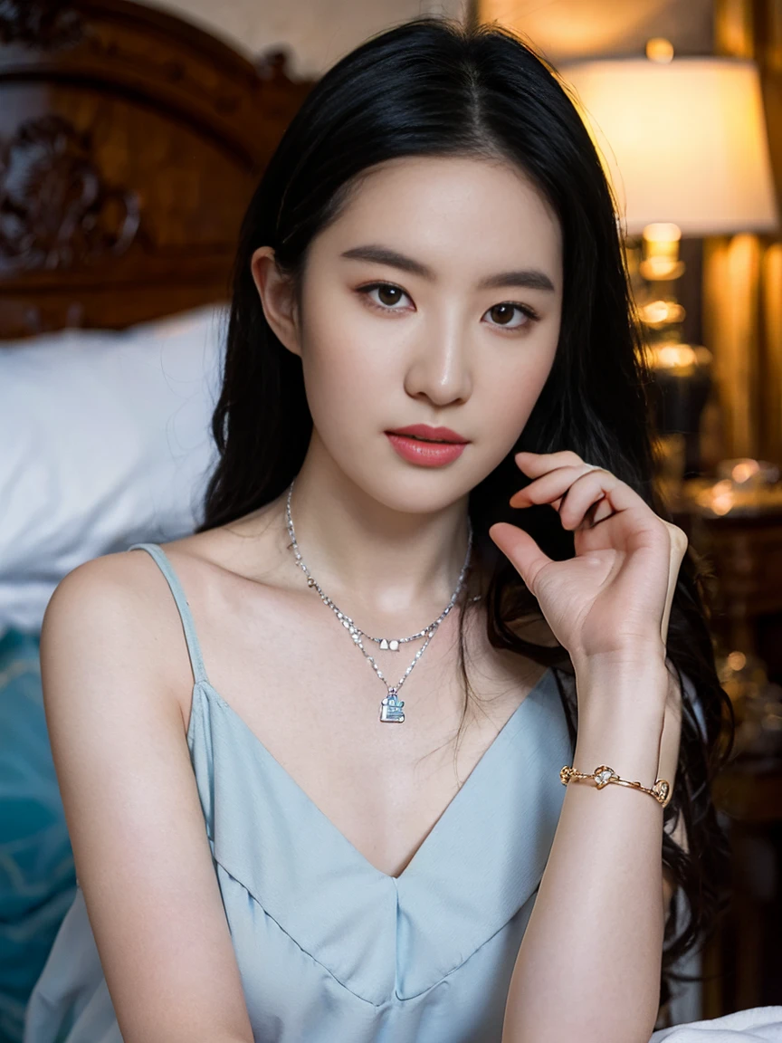 Linoa, blue spreader, Blue bracelet, Holding a necklace, vertical body, An incomparable masterpiece, Ultra-realistic 8K CG, perfect illustration, Clean, beautiful face, pure face, pale skin, intricate details, Fame, very cool, Luxury, fancy bedroom, sleeping in bed, turn back, dog