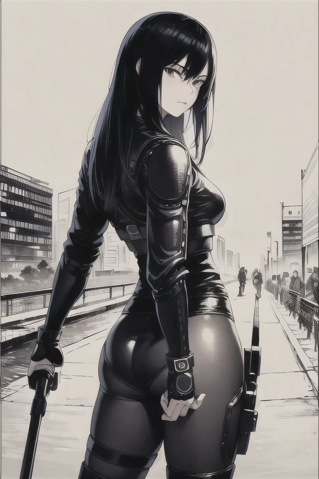 Highest quality, masterpiece, photograph, 4K, photographrealistic, Very detailed,
Girl riding a bicycle, Techwear, Cyberpunk City, alone, Futuristic, Huge moon in the background, Black and White, toriyama akira, close,