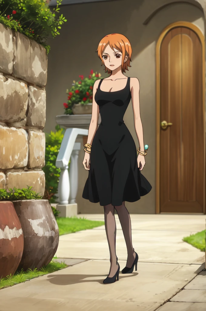 masterpiece, 最high quality, high quality, High resolution, Absurd, Super detailed, Best Anatomy, Fine grain, Perfect Eyes, Mature Woman, Nami Black Dress, One girl, alone, short hair, Cleavage, Brown eyes, Medium chest, Orange Hair, Boa Feather, Black Dress, bracelet, Bangles, pantyhose, Micro Mini Skirt、High heels、