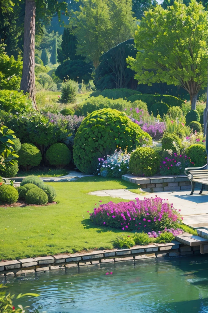 Illustration for an article about landscape design, variety of colors, bench near the pond. hd quality