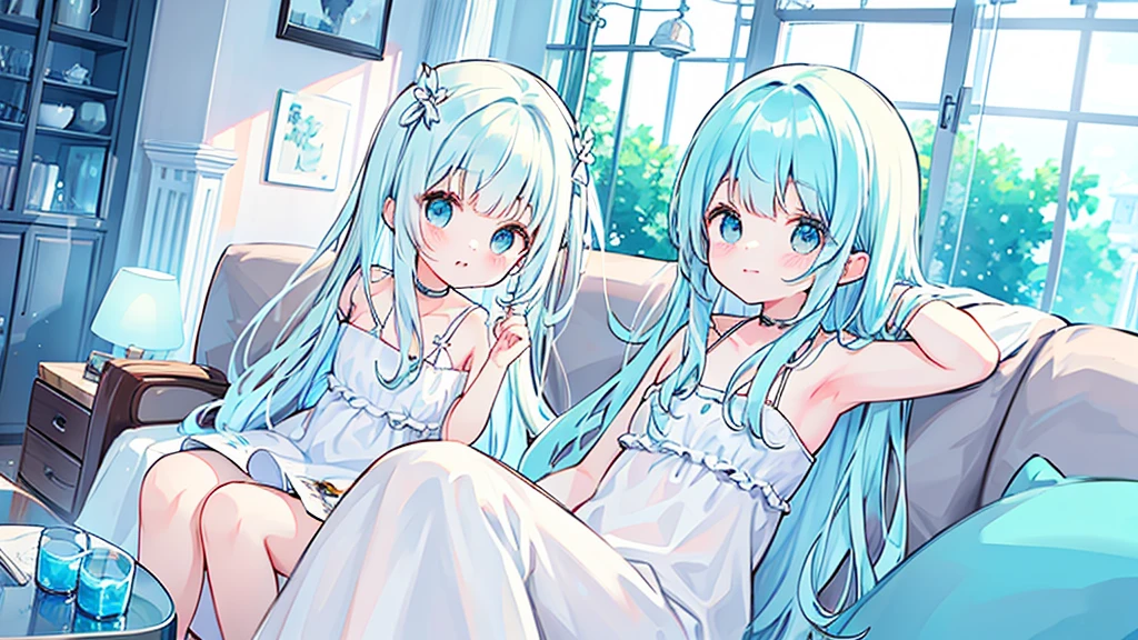 Light blue hair、Light blue eyes、Long Hair、cute、Sitting on the couch、laugh、Wearing a white dress、alone、Looking at me