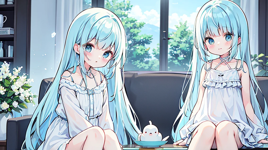 Light blue hair、Light blue eyes、Long Hair、cute、Sitting on the couch、laugh、Wearing a white dress、alone、Looking at me