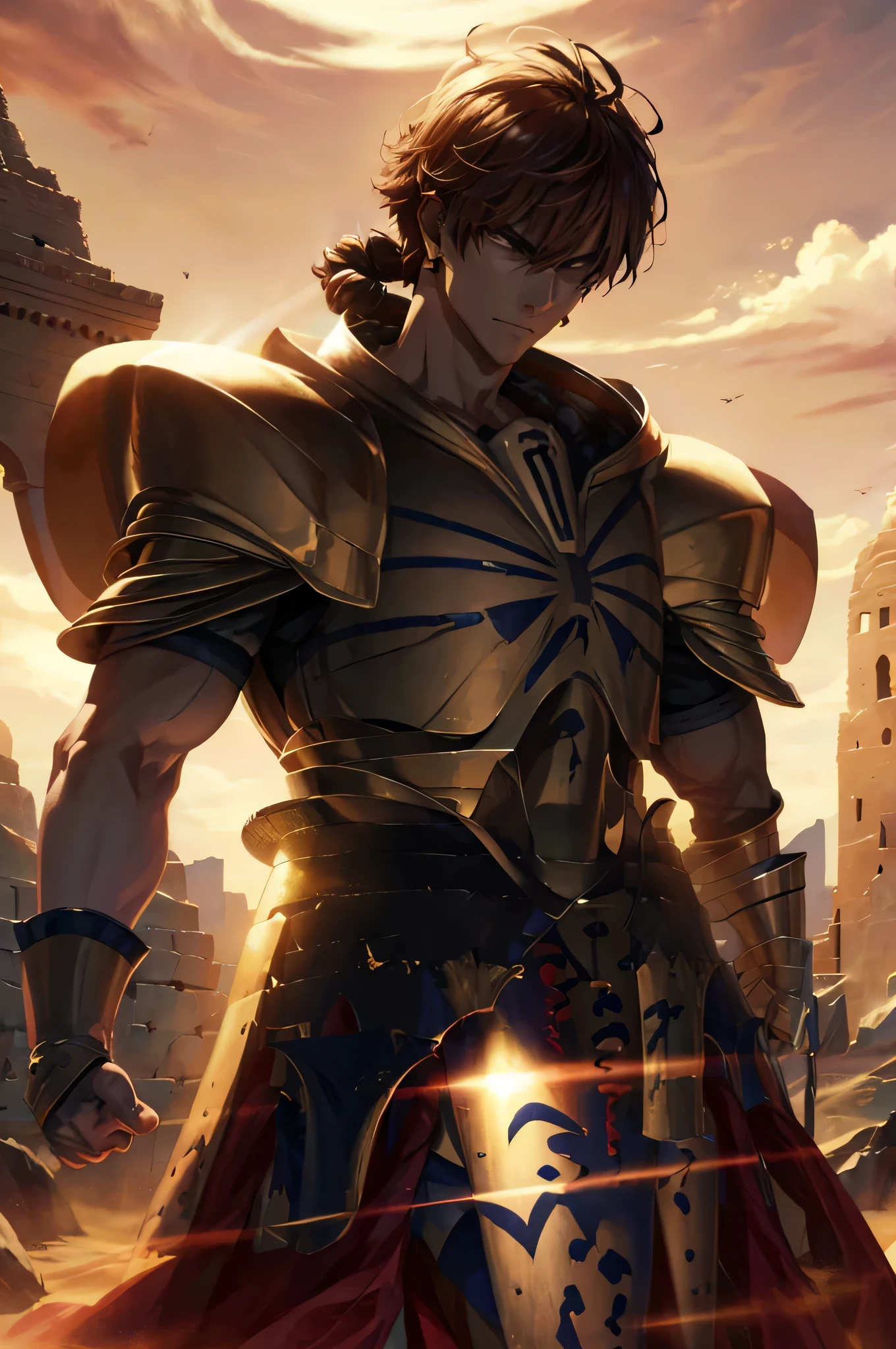 epic portrait of gilgamesh, powerful demigod, muscular physique, regal pose, determined expression, ancient mesopotamian warrior, intricate ornate armor, glowing divine aura, dramatic lighting, moody fantasy landscape, muted earthy color palette, cinematic composition, (best quality,4k,8k,highres,masterpiece:1.2),ultra-detailed,(realistic,photorealistic,photo-realistic:1.37)