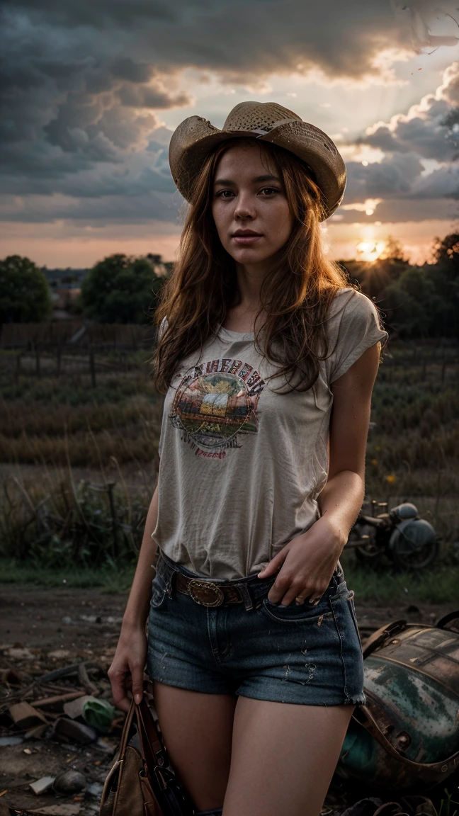 Masterpiece, Of the highest quality, Colorful cinematic lighting, peach farmer portrait photography with overflow [Orange|yellow] Hair, With fitted red plaid flannel shirt, Daisy Dukes, embellished leather cowboy boots, (wearing cowboy hat), (Perfect face:1.1), standing under a peach tree in rolling pastures, Sunset in the background, dappled light, romantic, HDR, Very detailed, Hasselblad, 8k, Hyper realistic, shot at eye level, F1.4 opening, 8mm film grain, Cinestill 800, in the background a city in ruins, collapsed buildings, rusty vehicles, debris everywhere, dark and cloudy skies, smoke and ashes floating in the air