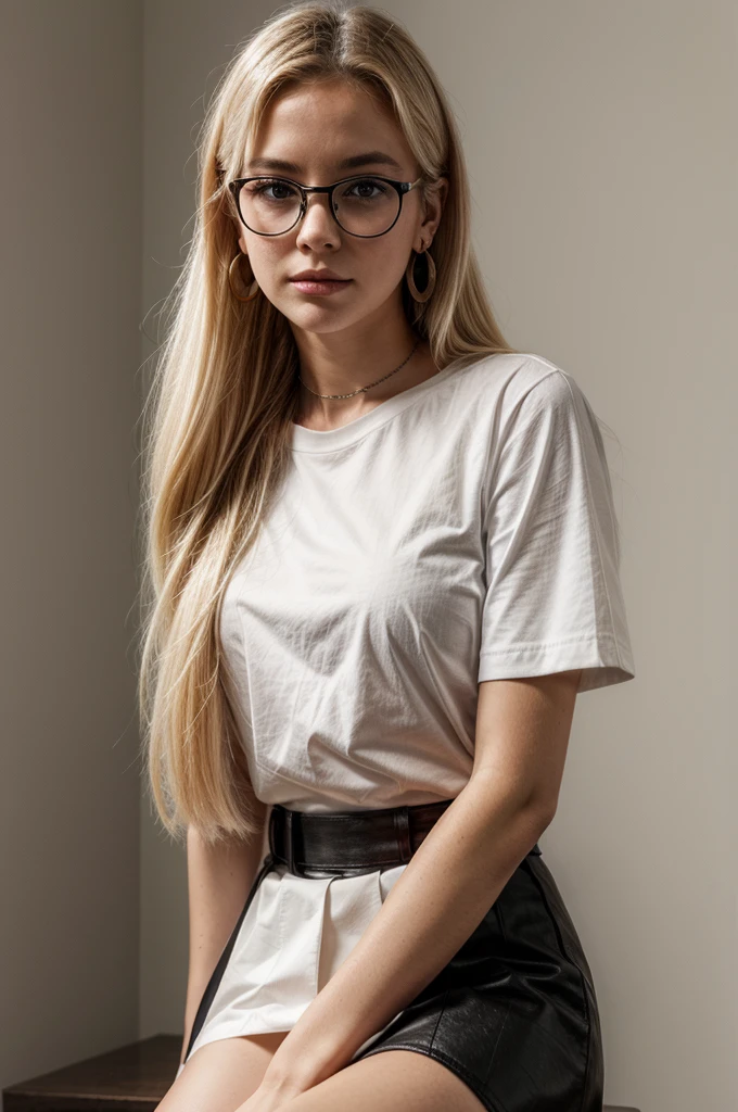 full frame photo of a beautiful young girl with long blonde platinum hair, wearing white office shirt and black cloth skirt, earrings, black eyeliner, sharp jawline, small nose, long lack nails, cute face, black glasses, perfect skin, white pale skin