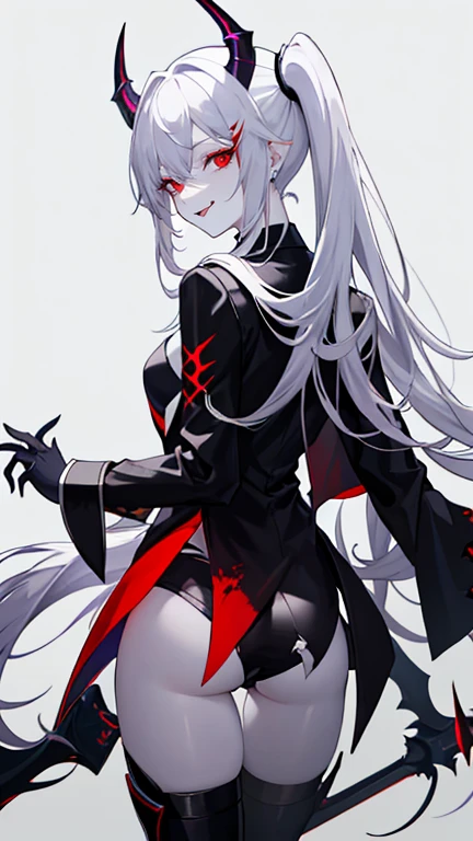 pale skin,dark风,wearing leg rings,long white hair,black eye shadow,red eyes,Abstinence,dark,goat horn,sickle,grim Reaper,butt close-up,succubus,Open the legs,Smile,Sticking out tongue,Battle damage,Broken clothes,back view,big ass,playful
,puppy