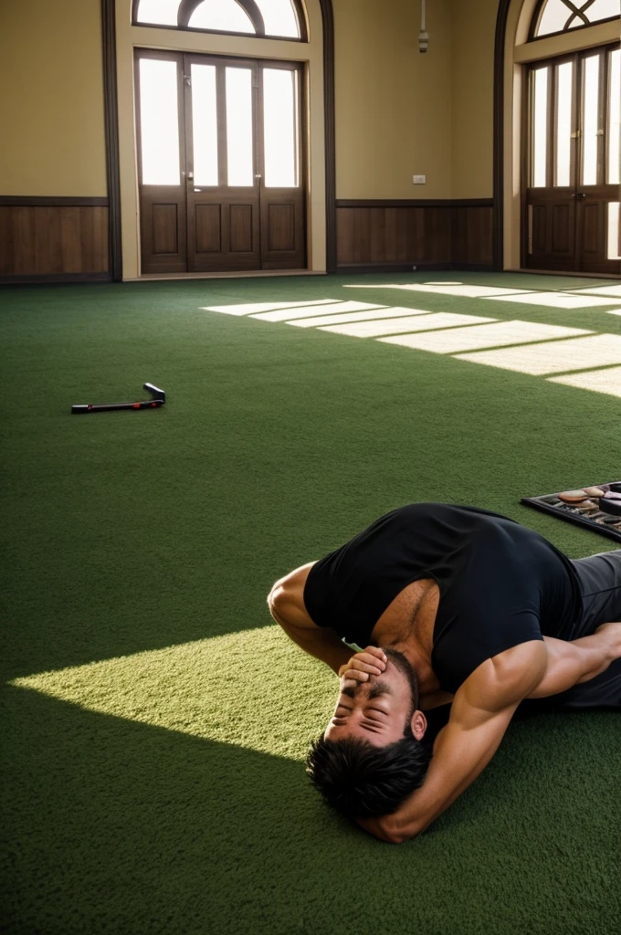 A man in prostration in a mosque, green plants above, yellow sun