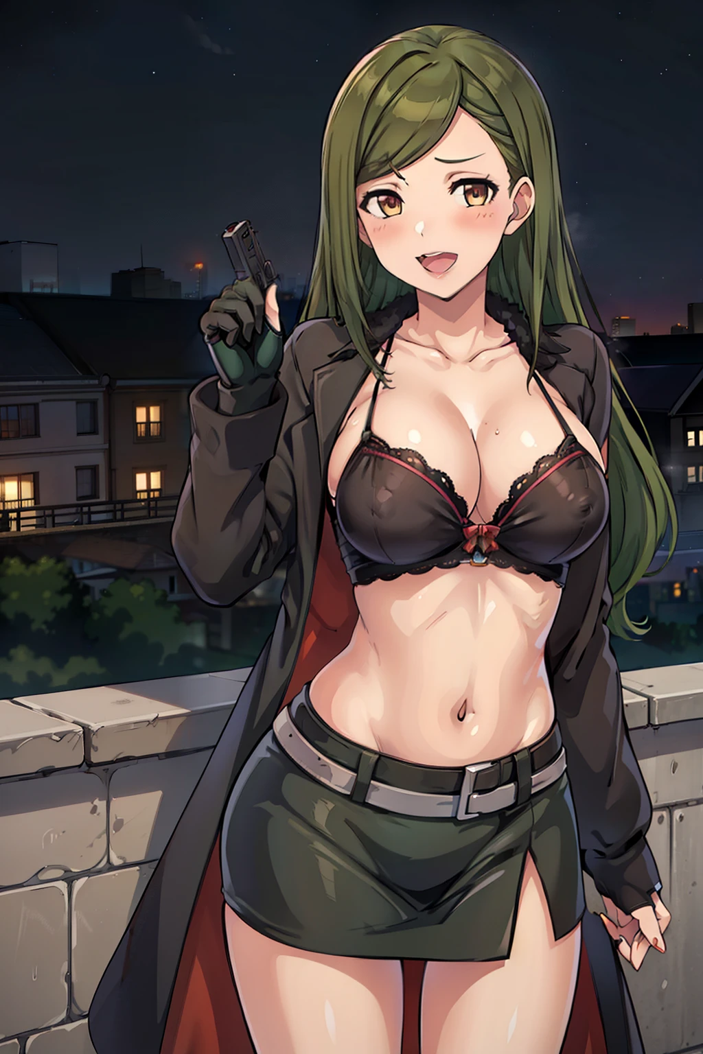 Brown eyes, Green hair,bangs,long hair,
lipstick, blush,  fur trim, mature female, gloves, fur-trimmed coat, outdoors, rooftop, cityscape, building, railing, night, night sky, scenery, city lights, lipstick, masterpiece, best quality, highly detailed, a girls with a gun, open mouth, blazer, sexy gaze, (nsfw) not safe for work, badass pose , evil smile, smile, black bra, anime girl with long hair, long haired girl, navel, evil expression, exposed belly, exposed navel, exposed midriff, exposed lower belly, micro miniskirt, micro pencil skirt, pencil skirt ,holding a gun