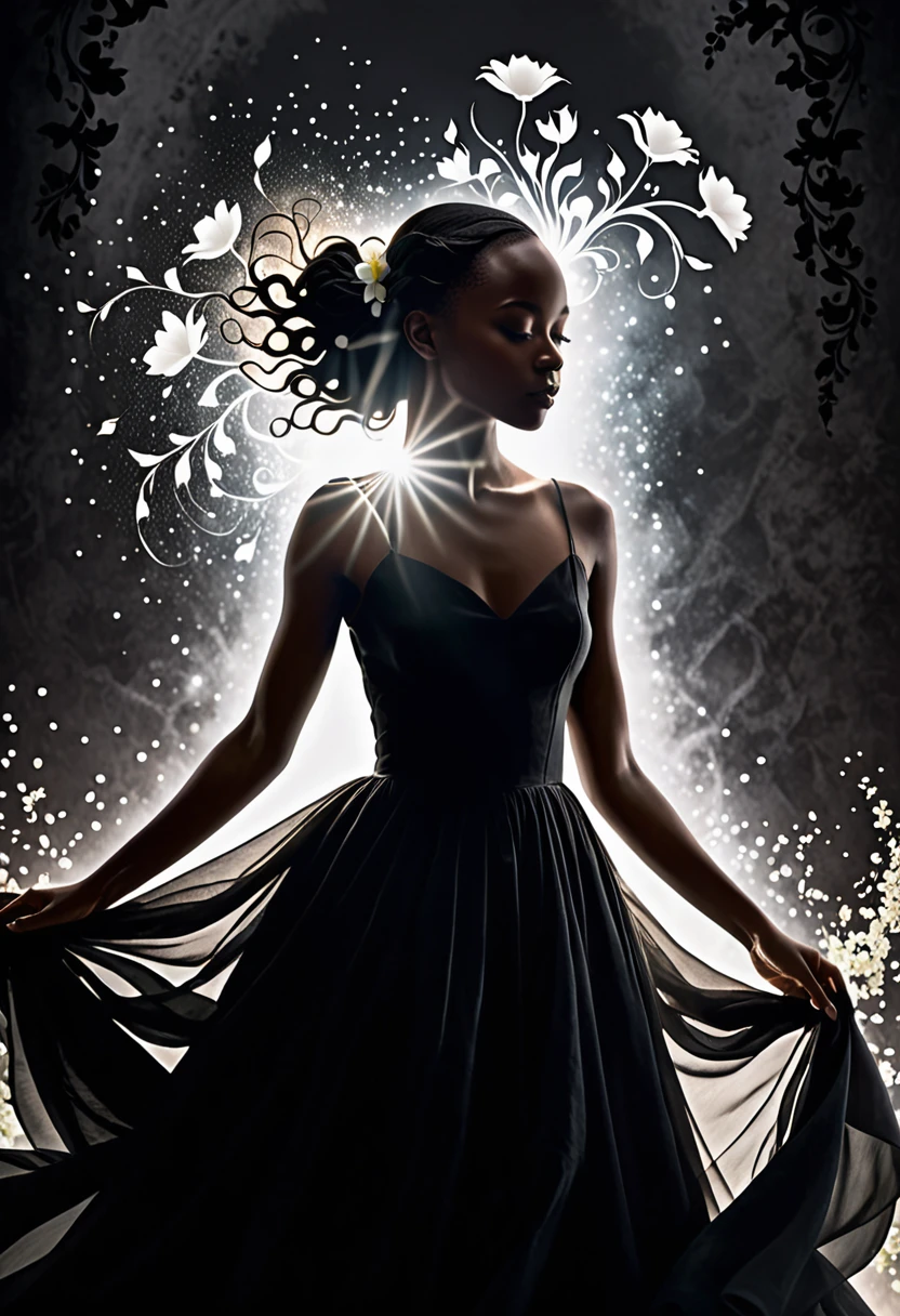 Create a detailed image of a book cover with a silhouette of a bald black 15 year old in shadow, partially visible, with a dress flowing softly around her. Behind the silhouette, represent a bright white flower emitting powerful magic. The background must be completely dark, highlighting the silhouette and magic of the flower. Magic should be visualized as small, glowing, ethereal particles, radiating energy and mystery.
