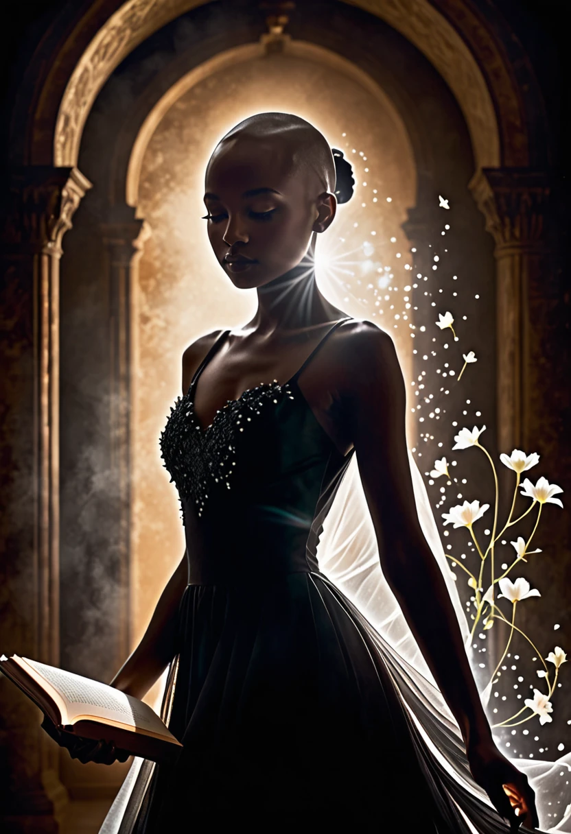 Create a detailed image of a book cover with a silhouette of a bald black in shadow, partially visible, with a dress flowing softly around her. Behind the silhouette, represent a bright white flower emitting powerful magic. The background must be completely dark, highlighting the silhouette and magic of the flower. Magic should be visualized as small, glowing, ethereal particles, radiating energy and mystery.