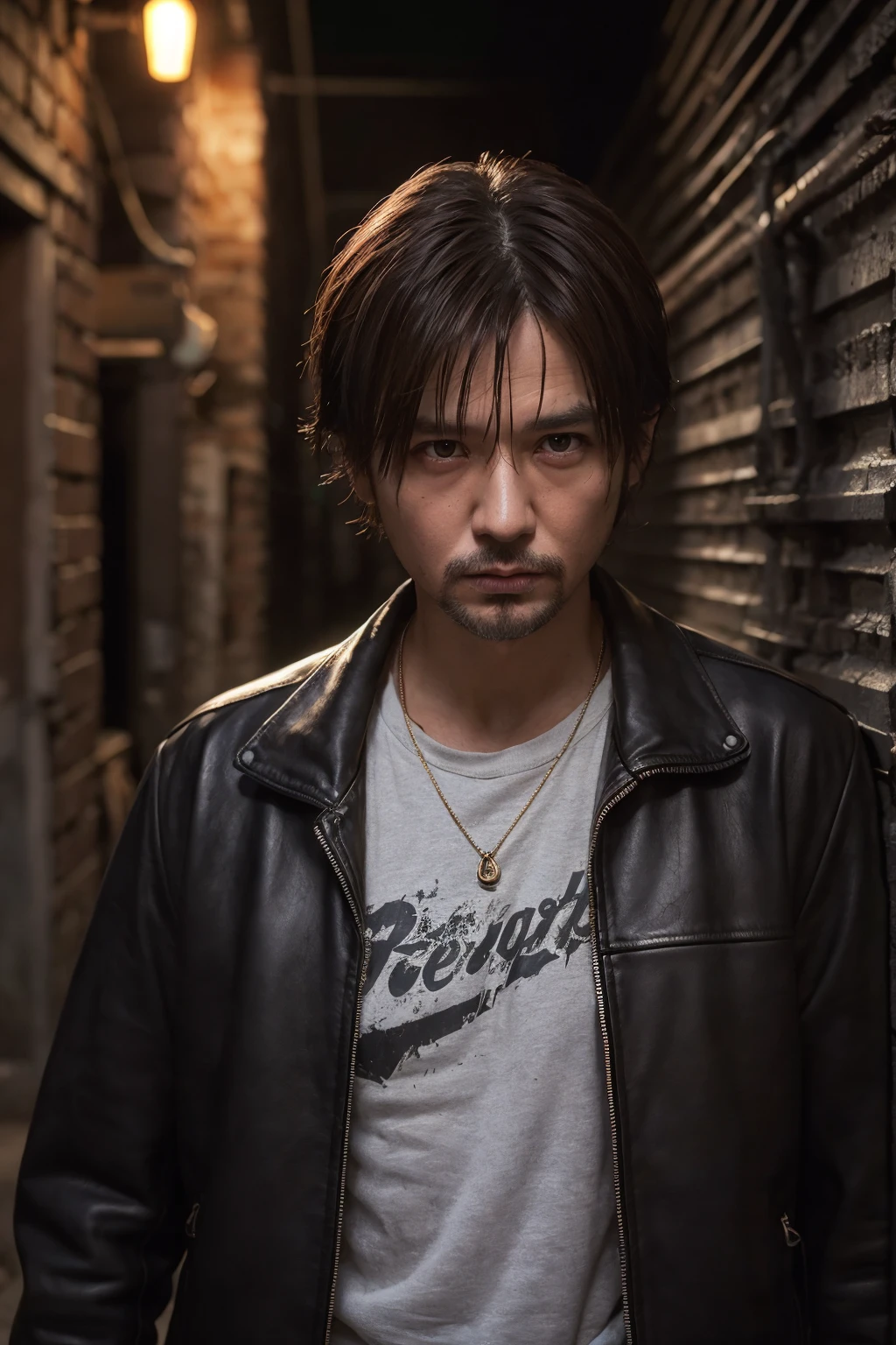 a rugged old rogue, grizzled veteran, weathered face, messy gray hair, intense piercing eyes, ragged clothes, worn leather jacket, cigarette dangling from lips, gruff and weathered demeanor, tough and jaded expression, urban gritty setting, dark alley at night, neon lights, rain-slicked pavement, (best quality,4k,8k,highres,masterpiece:1.2),ultra-detailed,(realistic,photorealistic,photo-realistic:1.37),cinematic lighting,dramatic shadows,moody color palette,gritty and atmospheric