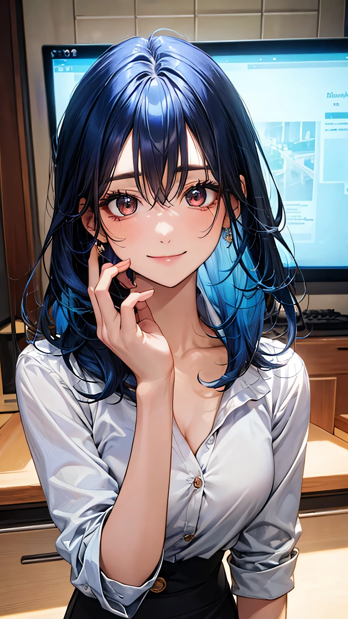 ((Highest quality)), ((High resolution)), ((masterpiece)), (detailed),
View your viewers, Written boundary depth, Anatomically correct, 1Mature woman in person, Perfect Face, Cute and symmetrical face, Shiny skin,
(Medium Hair, Blue Hair), Hair between the eyes, Chestnut brown eyes, Long eyelashes, (Big Breasts:0.9),
Beautiful Hair, Beautiful Face, Beautiful details, Beautiful clavicle, Beautiful body, Beautiful breasts, Beautiful thighs, Beautiful legs,
(Suit jacket, Button-down shirt, Pencil Skirt), News Programs, (Cute Smile),