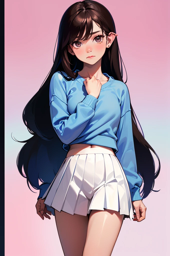 (Best quality, A high resolution), (ultra detail), (1. Baby Michelle), (1 beautiful girl), (underwear, with medium straight hair, bottomwear, in a white miniskirt with pleats and ears, blue sweatshirt , on a naked body).(written on the chest &#39; Future funk&#39). (amidst a vibrant futuristic cityscape, illuminated by neon lights). (More than 8K.motor surreal:1.4,HD,La Best quality:1.4, Photorealistic:1.4, skin texture:1.4, masterpiece:1.8,masterpiece, Best quality, Объект Object).(detailed facial features:1.3) ,(Correct proportions),(Beautiful blue eyes:1.4), (Cowboy pose), (more details:1.4), ,(Cyberpunk 2.1), (kawaii style: 1.4); , (ice element:1.4),(White underwear:V2.1)